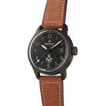 Load image into Gallery viewer, Bremont Altitude 39mm HMAF Black Dial on light brown nubuck leather strap, angled view