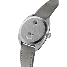 Load image into Gallery viewer, Bremont Terra Nova 35mm Jumping Hour Frosted Steel on grey nubuck leather strap, side