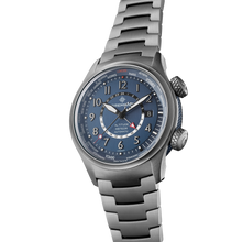 Load image into Gallery viewer, Bremont Altitude MB Meteor Time Zones 42mm Blue Dial, Blue Barrel on titanium bracelet, side angle showing the blue barrel