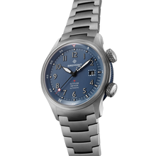Load image into Gallery viewer, Bremont Altitude MB Meteor 42mm Blue Dial, Blue Barrel on titanium bracelet, side angle showing the blue barrel