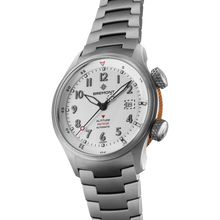 Load image into Gallery viewer, Bremont Altitude MB Meteor 42mm Silver Dial, Orange Barrel on titanium bracelet, side view showing the orange barrel