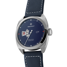 Load image into Gallery viewer, Bremont Terra Nova 40.5mm Jumping Hour 250th Anniversary Blue Dial on blue embossed leather strap, side