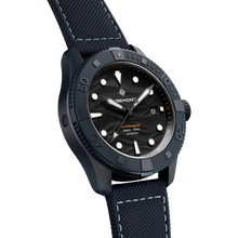 Load image into Gallery viewer, Bremont Supermarine 43mm 500m Blue Ceramic Black Wave Dial Limited Edition on blue embossed rubber and leather strap, side