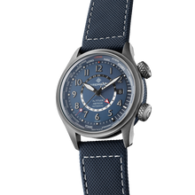 Load image into Gallery viewer, Bremont Altitude MB Meteor Time Zones 42mm Blue Dial, Blue Barrel on blue rubber and leather strap, side angle