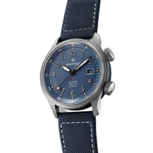 Load image into Gallery viewer, Bremont Altitude MB Meteor 42mm Blue Dial, Blue Barrel on blue rubber and leather strap, side angle