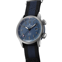 Load image into Gallery viewer, Bremont Altitude MB Meteor 42mm Blue Dial, Blue Barrel on black and blue NATO strap, side angle