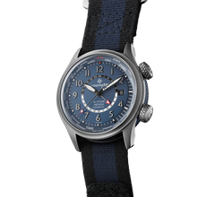 Load image into Gallery viewer, Bremont Altitude MB Meteor Time Zones 42mm Blue Dial, Blue Barrel on black and blue NATO strap, side angle