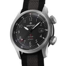 Load image into Gallery viewer, Bremont Altitude MB Meteor 42mm Black Dial, Black Barrel on black and anthracite NATO strap, side view showing the black DLC barrel
