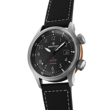 Load image into Gallery viewer, Bremont Altitude MB Meteor 42mm on black rubber and leather strap, side view showing the orange barrel