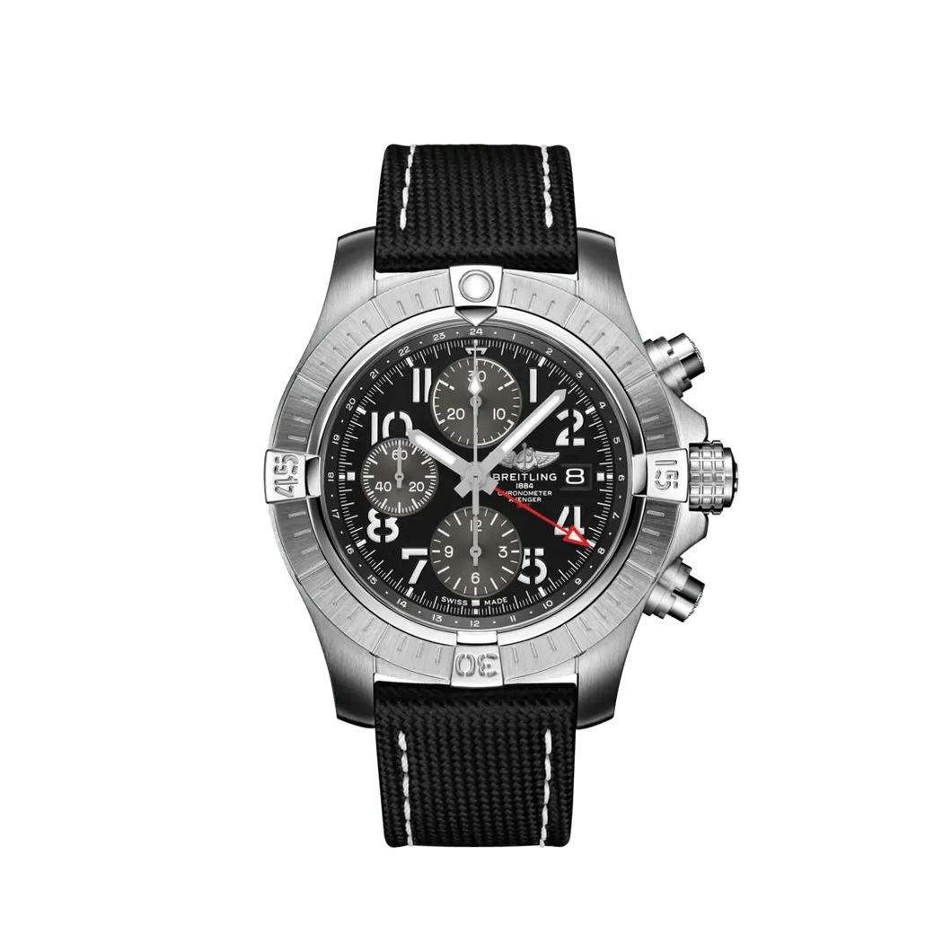 Breitling Avenger Chronograph 45MM in Stainless Steel on a Black Strap with Tang Buckle