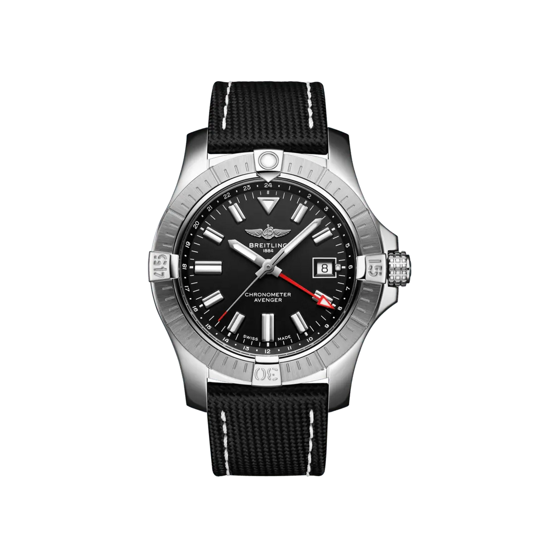 Breitling Avenger 43MM in Stainless Steel with Black Dial on a Black Strap with Tang Buckle