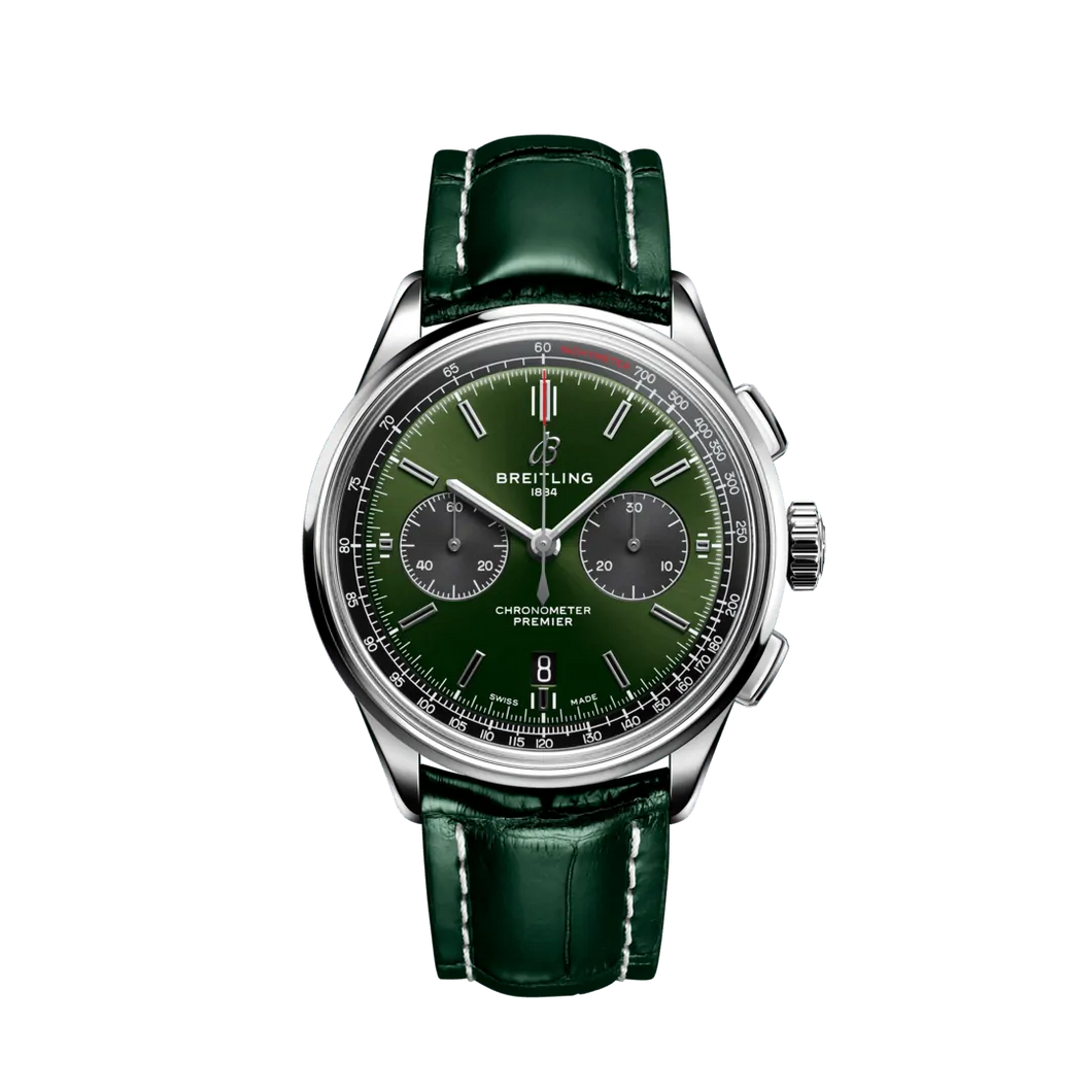 Breitling Premier B01 Chronograph 42MM In Stainless Steel with Green Dial on Green Alligator Leather with Folding Clasp