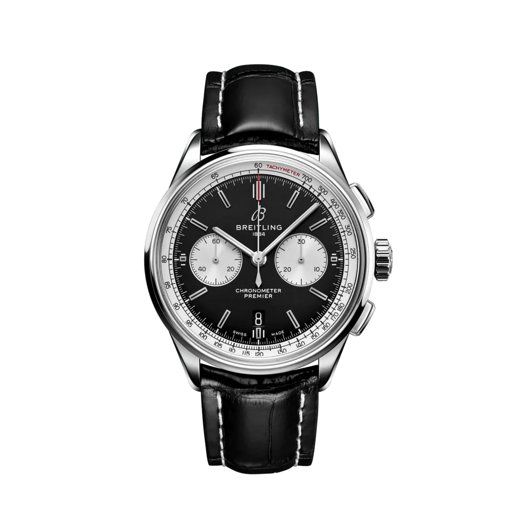 Breitling Premier B01 Chronograph 42MM In Stainless Steel with Black Dial on Alligator Leather with Tang Buckle