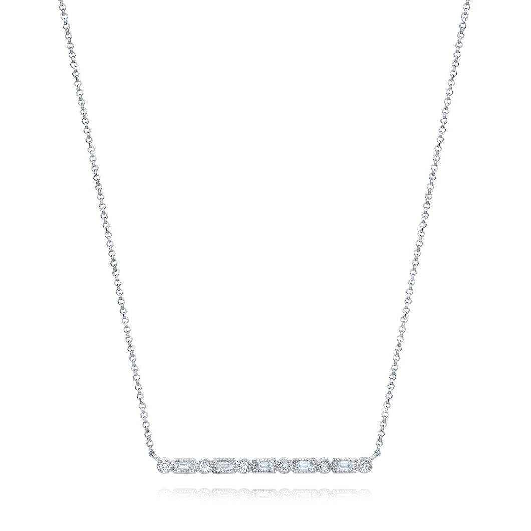 Baguette & Round Diamond Bar Necklace set in 14k White Gold