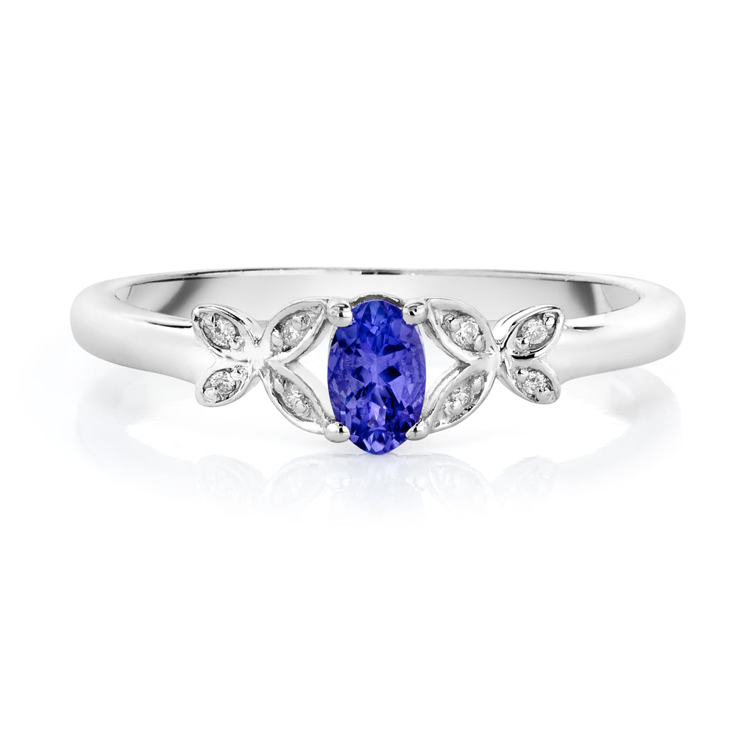 Oval Shaped Tanzanite & Diamond Butterfly Ring set in 925 Silver