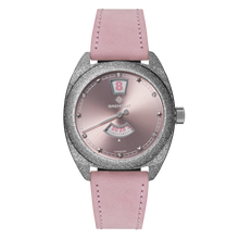 Load image into Gallery viewer, Bremont Terra Nova 35mm Jumping Hour Frosted Steel Pink Dial on pink nubuck leather strap, front
