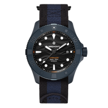 Load image into Gallery viewer, Bremont Supermarine 43mm 500m Blue Ceramic Black Wave Dial Limited Edition on black and blue NATO strap, front
