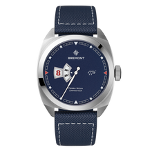 Load image into Gallery viewer, Bremont Terra Nova 40.5mm Jumping Hour 250th Anniversary Blue Dial on blue embossed leather strap, front

