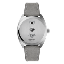 Load image into Gallery viewer, Bremont Terra Nova 35mm Jumping Hour Steel on grey nubuck leather strap, front
