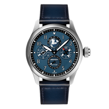 Load image into Gallery viewer, Bremont Altitude 42mm Perpetual Calendar GMT Blue Dial on blue patina leather strap, front
