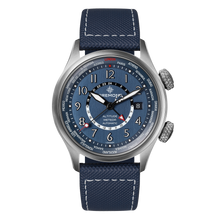 Load image into Gallery viewer, Bremont Altitude MB Meteor Time Zones 42mm Blue Dial, Blue Barrel on blue rubber and leather strap, front

