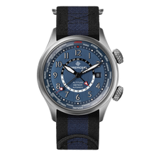 Load image into Gallery viewer, Bremont Altitude MB Meteor Time Zones 42mm Blue Dial, Blue Barrel on black and blue NATO strap, front
