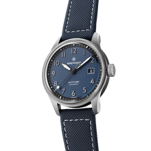 Load image into Gallery viewer, Bremont Altitude 39mm Blue Dial on blue rubber and leather strap, angled view
