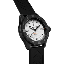 Load image into Gallery viewer, Bremont Supermarine 43mm 500m Black Ceramic Polar White Dial on black rubber strap, three-quarter view

