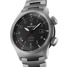 Load image into Gallery viewer, Bremont Altitude MB Meteor 42mm Black Dial, Black Barrel on titanium bracelet, side view showing the black DLC barrel
