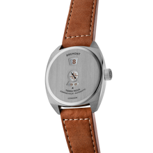 Load image into Gallery viewer, Bremont Terra Nova 38mm Jumping Hour Steel on brown leather strap with cream box stitch, side
