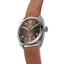 Load image into Gallery viewer, Bremont Terra Nova 40.5mm Date HMAF Brown Dial on light brown nubuck leather strap, side
