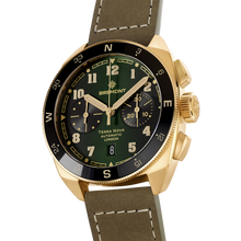 Load image into Gallery viewer, Bremont Terra Nova 42.5mm Chronograph Bronze Green Dial on green nubuck leather strap, side
