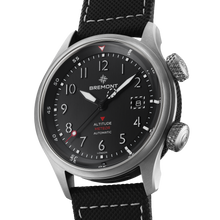 Load image into Gallery viewer, Bremont Altitude MB Meteor 42mm Black Dial, Black Barrel on black rubber and leather strap, side view showing the black DLC barrel
