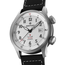 Load image into Gallery viewer, Bremont Altitude MB Meteor 42mm Silver Dial, Titanium Barrel on black rubber and leather strap, side view showing the titanium barrel
