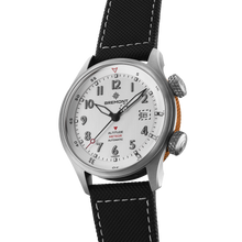 Load image into Gallery viewer, Bremont Altitude MB Meteor 42mm Silver Dial, Orange Barrel on black rubber and leather strap, side view showing the orange barrel
