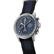 Load image into Gallery viewer, Bremont Altitude 42mm Chronograph Blue Dial on black and blue NATO strap, angled view
