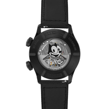 Load image into Gallery viewer, Bremont Altitude Meteor 42mm Felix the Cat on black rubber and leather strap, open case back with Felix the Cat decorated crystal
