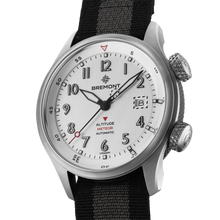 Load image into Gallery viewer, Bremont Altitude MB Meteor 42mm Silver Dial, Titanium Barrel on black and anthracite NATO strap, side view showing the titanium barrel
