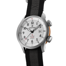 Load image into Gallery viewer, Bremont Altitude MB Meteor 42mm Silver Dial, Orange Barrel on black and anthracite NATO strap, side view showing the orange barrel
