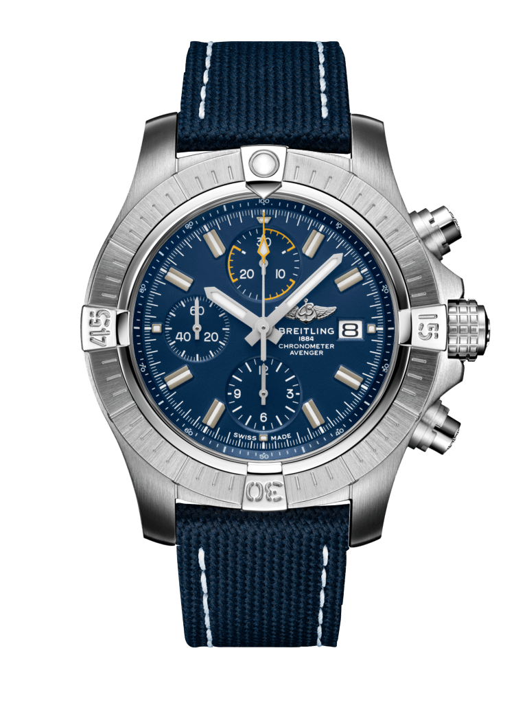 Breitling Avenger Chronograph 45MM in Stainless Steel with Blue Dial on a Blue Strap with Folding Clasp