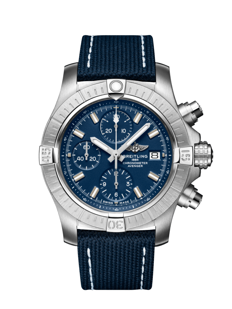 Breitling Avenger Chronograph 43MM in Stainless Steel with Blue Dial on a Blue Strap
