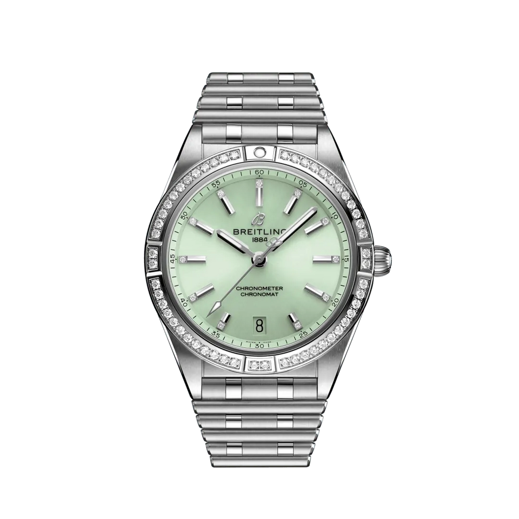 Breitling Chronomat 36MM in Stainless Steel with Mint Green Dial and Diamond Bezel