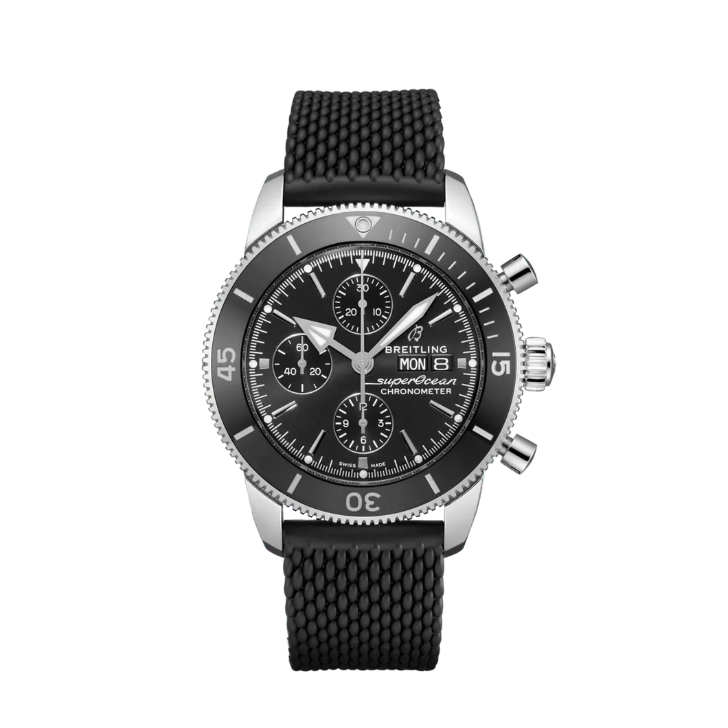 Breitling Superocean Heritage Chronograph 44MM in Stainless Steel with Black Dial on a Textured Rubber Strap