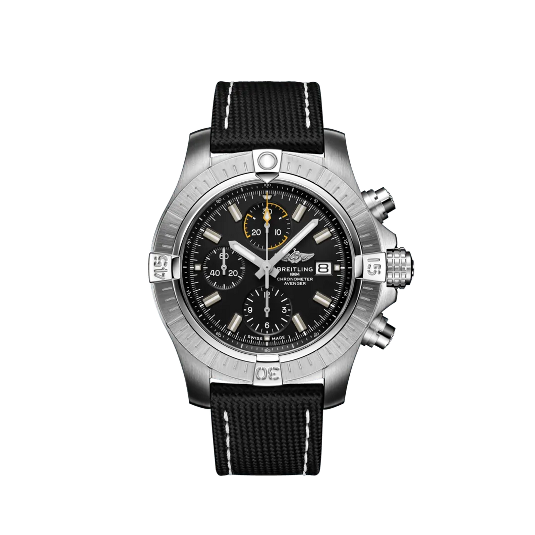 Breitling Avenger Chronograph 45MM in Stainless Steel with Black Dial on a Black Strap with Folding Clasp