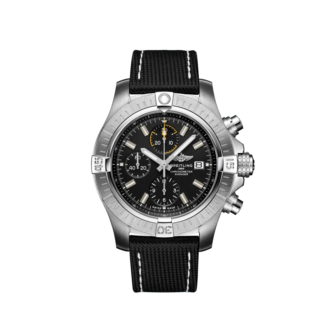 Breitling Avenger Chronograph 45MM in Stainless Steel with Black Dial on a Black Strap with Tang Buckle