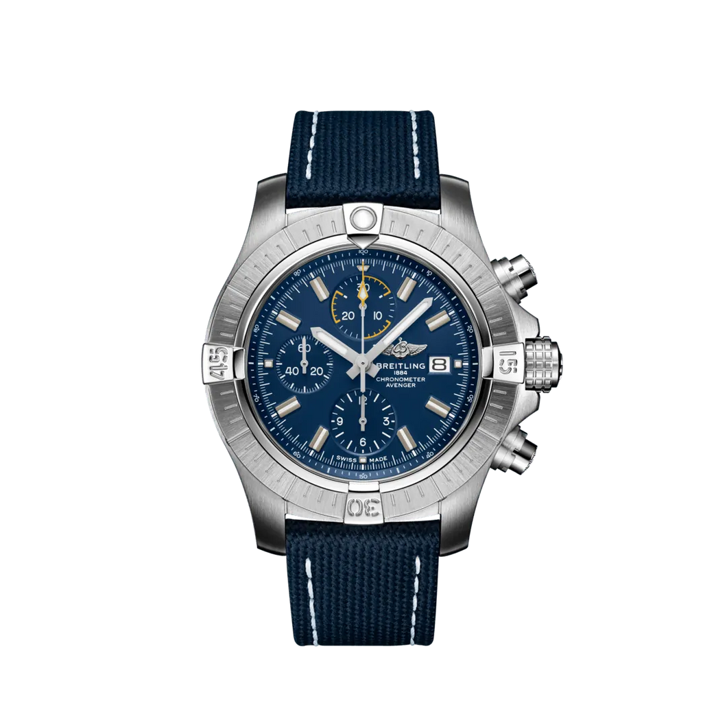 Breitling Avenger Chronograph 45MM in Stainless Steel with Blue Dial on a Blue Strap with Tang Buckle