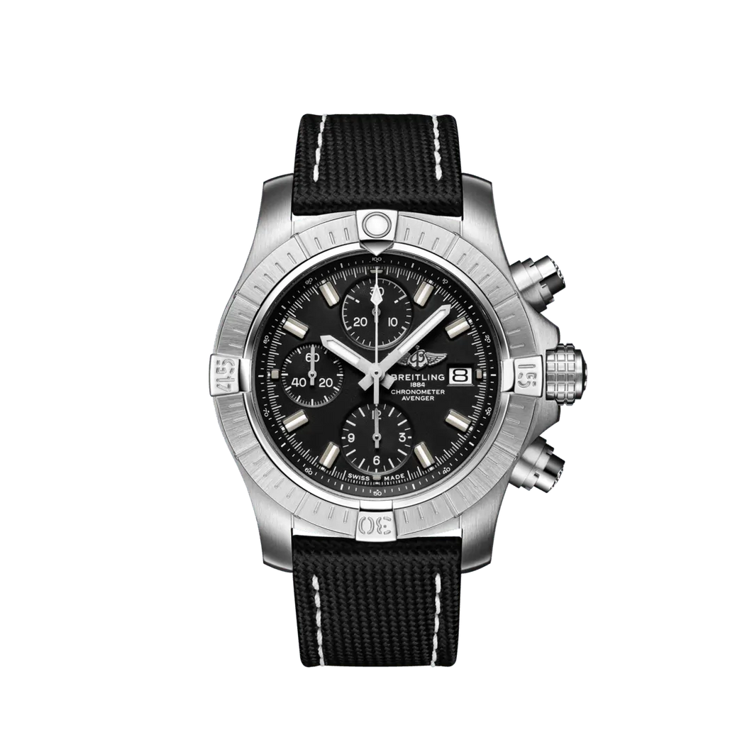 Breitling Avenger Chronograph 43MM in Stainless Steel with Black Dial on a Black Strap with Folding Clasp