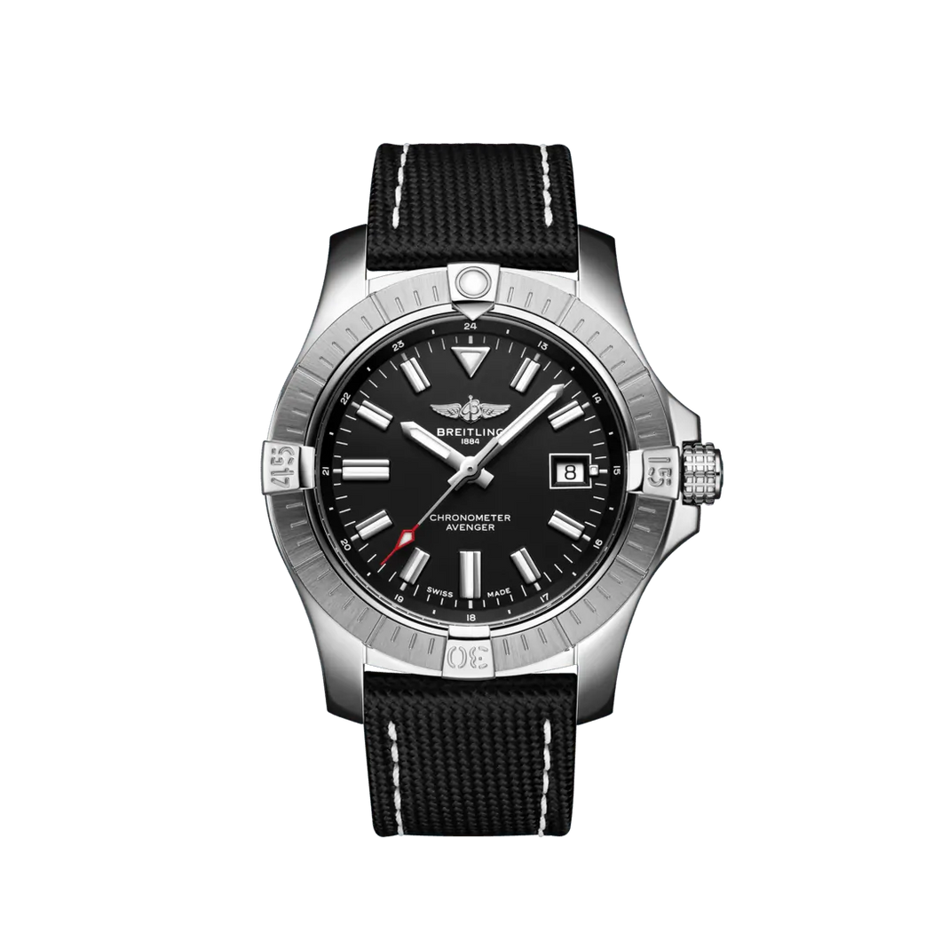 Breitling Avenger 43MM in Stainless Steel with Black Dial on a Black Strap with Folding Clasp