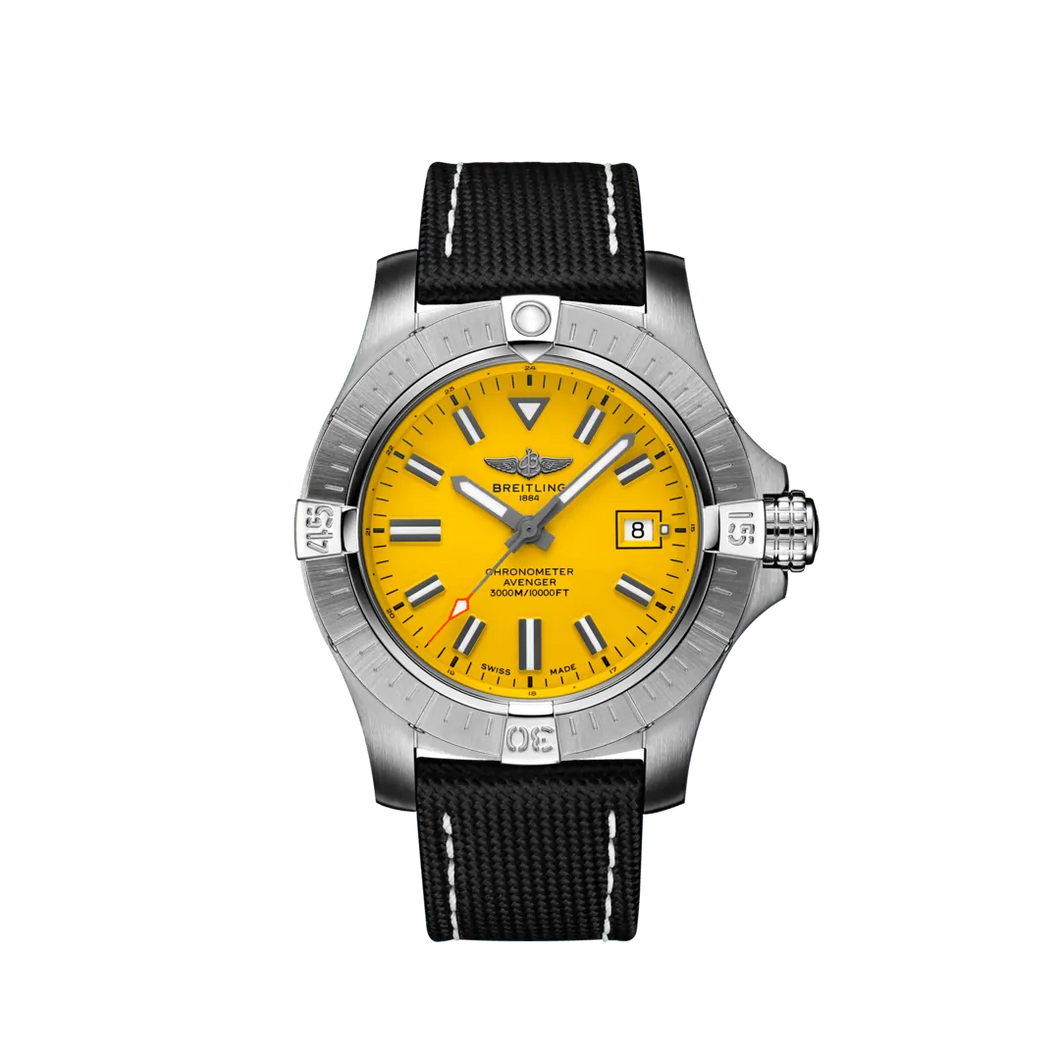 Breitling Avenger Seawolf 45MM in Stainless Steel with Yellow Dial on a Black Strap with Tang Buckle