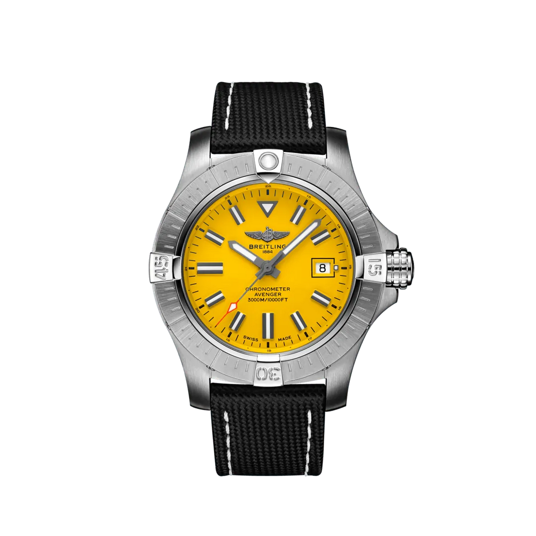 Breitling Avenger Seawolf 45MM in Stainless Steel with Yellow Dial on Black Strap with Folding Clasp
